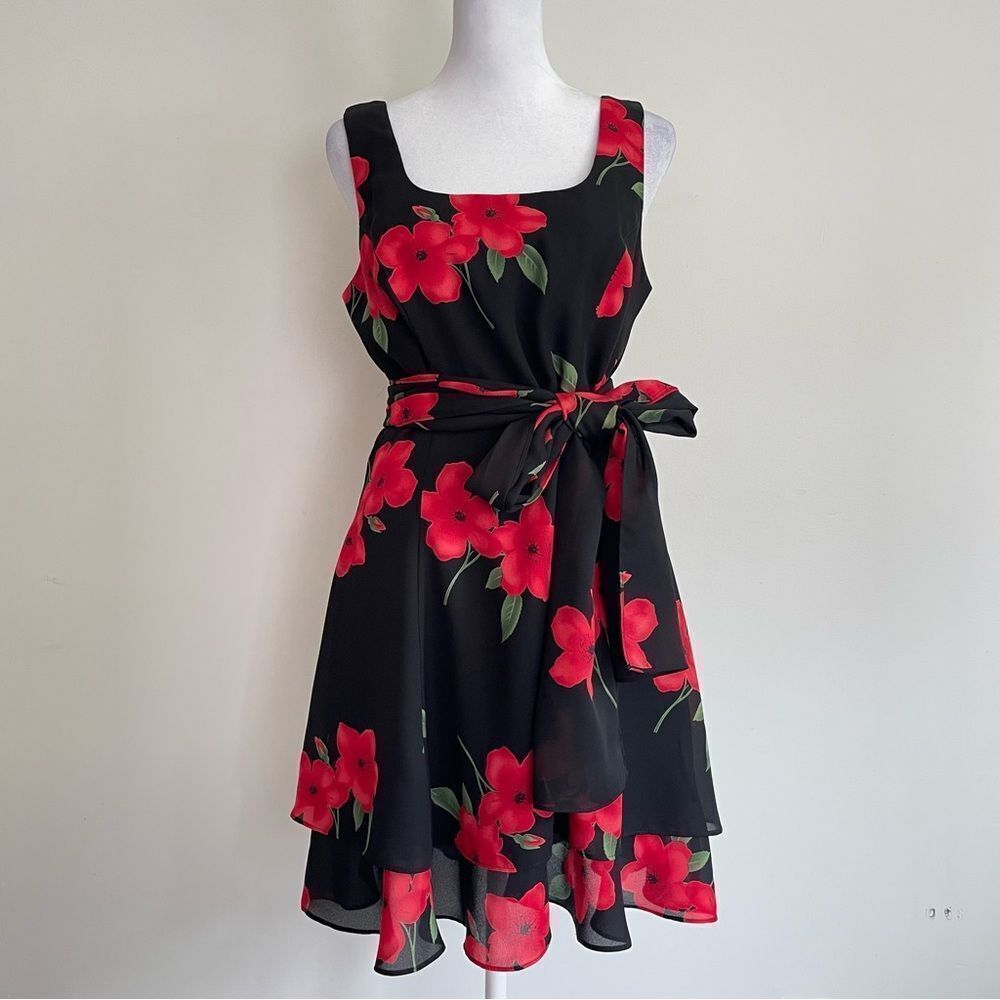Vintage Hampton Nites Petites Black & Red Floral Dress & Scarf Set Size 8